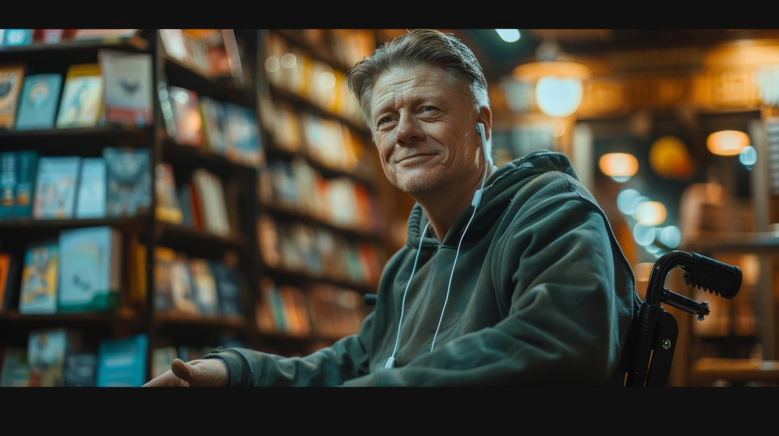 Homem em cadeira de rodas sorrindo entre estantes de livros, em uma livraria iluminada por luz âmbar.